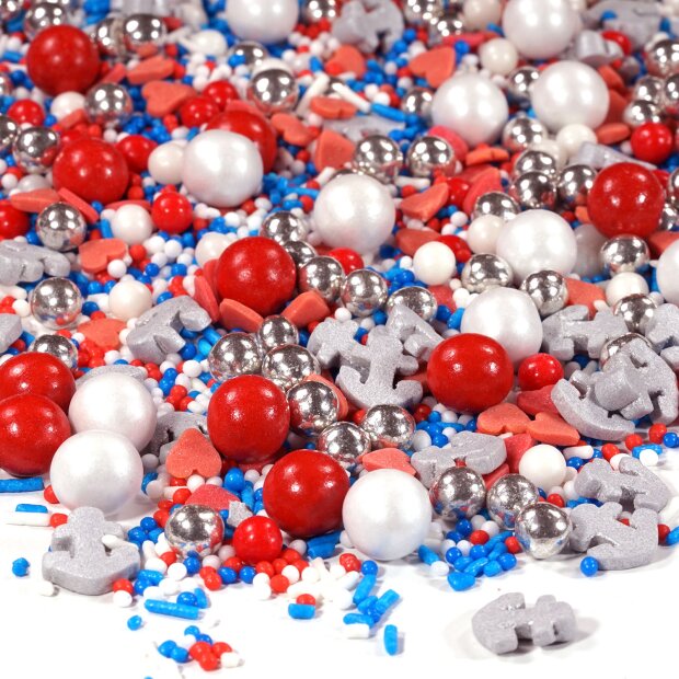 Streusel AHOI weiss rot blau 180g | Zuckerstreusel Sprinkles Kindergeburtstag Piraten | Tortendeko Hochzeit