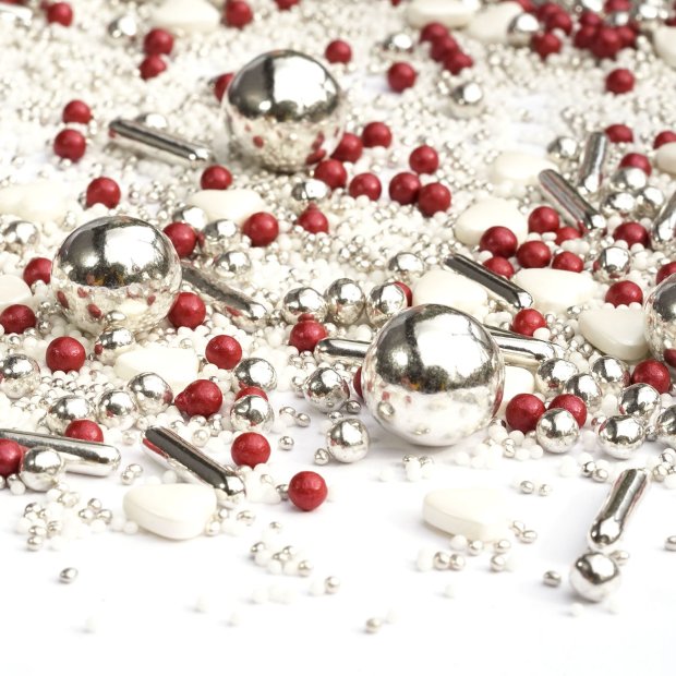 Streusel Sissi silber rot 180g | Zuckerstreusel Sprinkles Liebe Geburtstag Weihnachten | Tortendeko Hochzeit