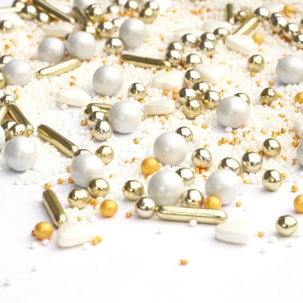 Streusel Cinderella weiss gold 180g | Zuckerstreusel Sprinkles Herzen Geburtstag Weihnachten | Tortendeko Hochzeit