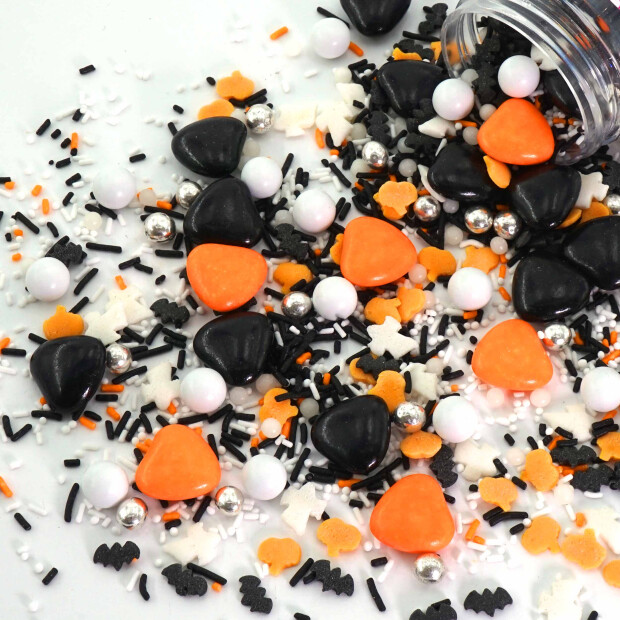 Streusel Süßes oder Saures  orange, silber, schwarz 90g | Zuckerstreusel Sprinkles Halloween | Tortendeko Party Geister Fledermäuse