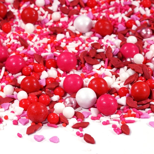 Streusel KISS ME weiss pink rot 90g | Zuckerstreusel Sprinkles Geburstag Hochzeit | Tortendeko Kindergeburtstag