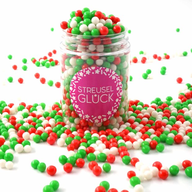 Zuckerperlen Pure Love weiss-rot-grün 90g | Streusel Perlen aus Zucker für Deine Tortendeko | Weihnachten Geburtstag
