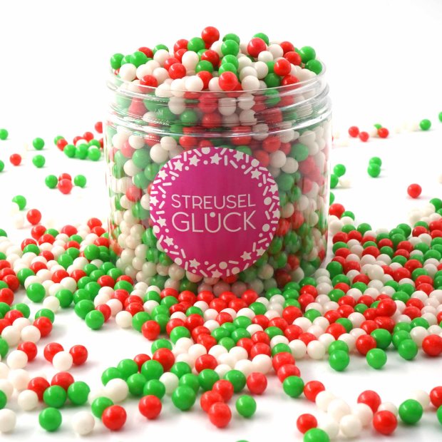Zuckerperlen Pure Love weiss-rot-grün 180g | Streusel Perlen aus Zucker für Deine Tortendeko | Weihnachten Geburtstag
